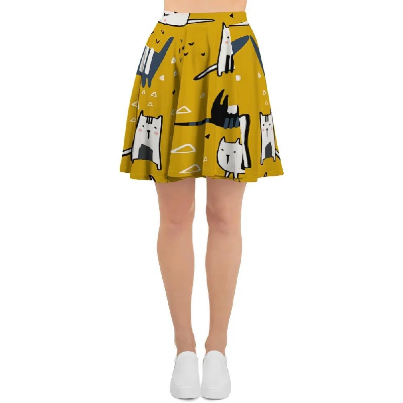 Yellow Doodle Cat Print Women's Skirt denim skirt classic