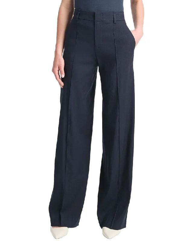 Vince High Waisted Pintuck Linen-Blend Wide Leg Pant Cozy Full-Length Pants