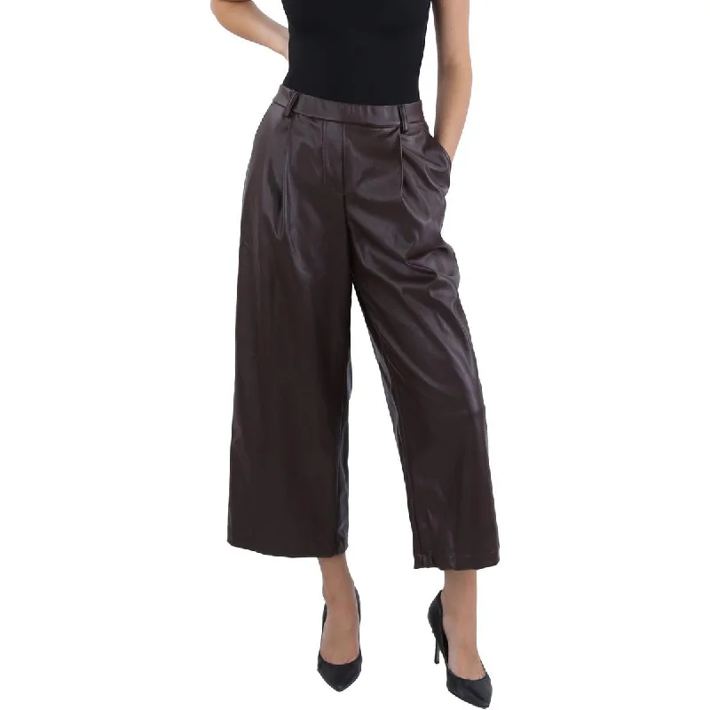 Crystal Kobe Womens Faux Leather High Rise Wide Leg Pants High-Waist Trousers