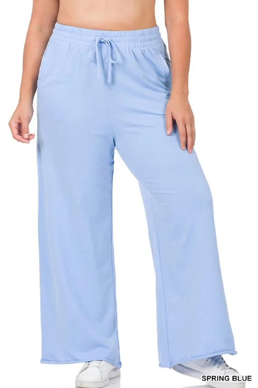 French Terry Wide Leg Lounge Pants In Spring Blue Chic Faux Leather Pants