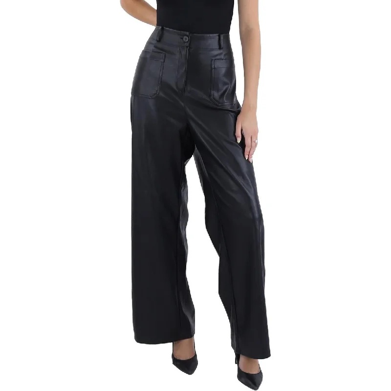 Lucy Paris Womens Reeve Faux Leather High Rise Wide Leg Pants Cozy Lounge Pants