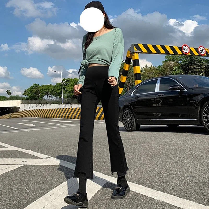 NiDELL Pregnant Women's Pants . High Elastic Korean Cotton Spring and Autumn Maternity Pants Personality Slightly Flared Casual Pants Outer Wear Pants Base Modern Skinny Pants