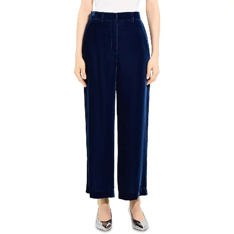 Theory Womens High Rise Velvet Wide Leg Pants Stylish Paperbag Waist Pants