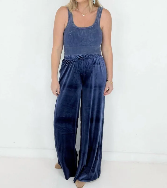 Velvet Wide Leg Pants In Navy Trendy Printed Leggings