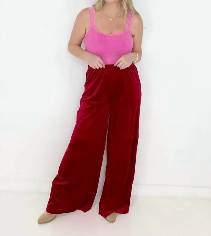 Velvet Wide Leg Pants In Red Trendy High-Waist Trousers